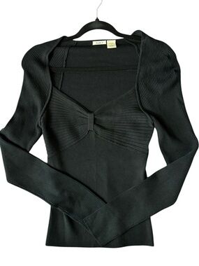 Studio Y Black Ribbed Knit Top Silk Blend Gathered Bust V Neck Minimalist M